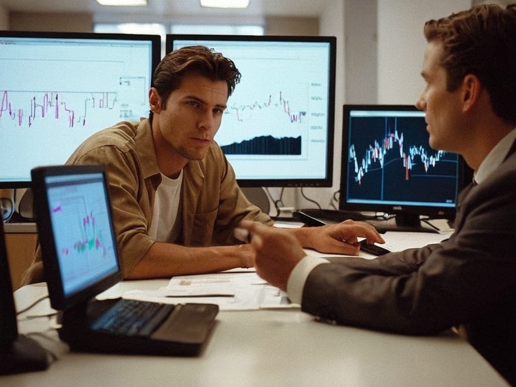 Un professeur en trading et son élève discutent avec des écrans en arrière fond